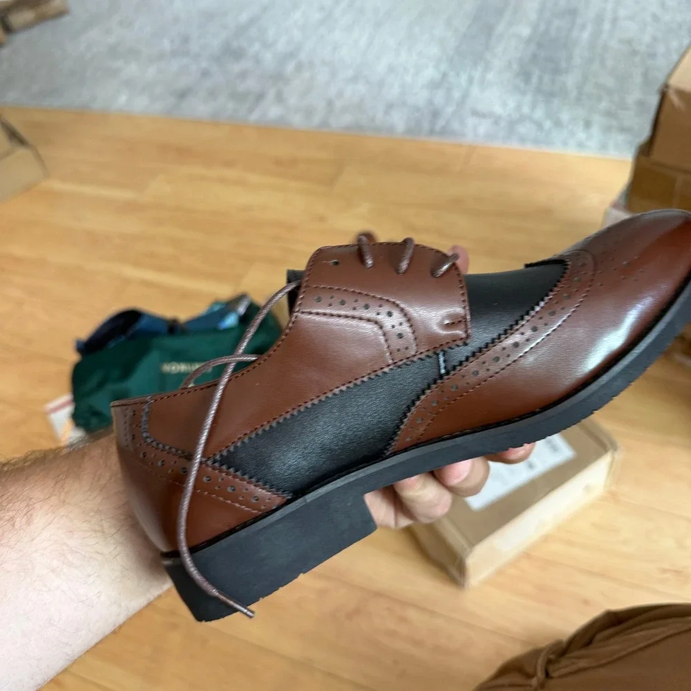 Santimon‎ Men's US 7.5 Brown Black Wingtip Lace Up Derby Pointed Toe Shoes